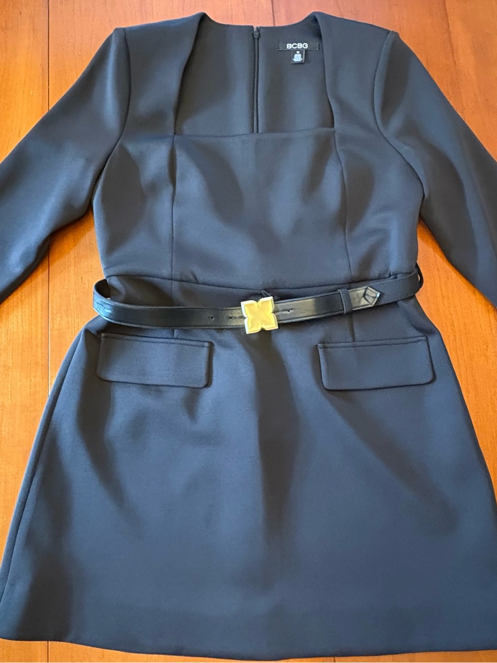 BCBG Black Square-Neck Long-Sleeve Dress Blazer with Belt